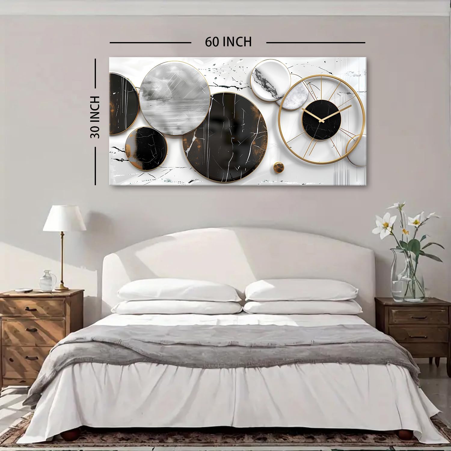 Modern Abstract Canvas Wall Art for Living Room Home Office Decor Black and White Gray Picture for Wall Decor Geometric Texture Marble Painting Clocks Prints Poster Artwork Decorations 30x60'