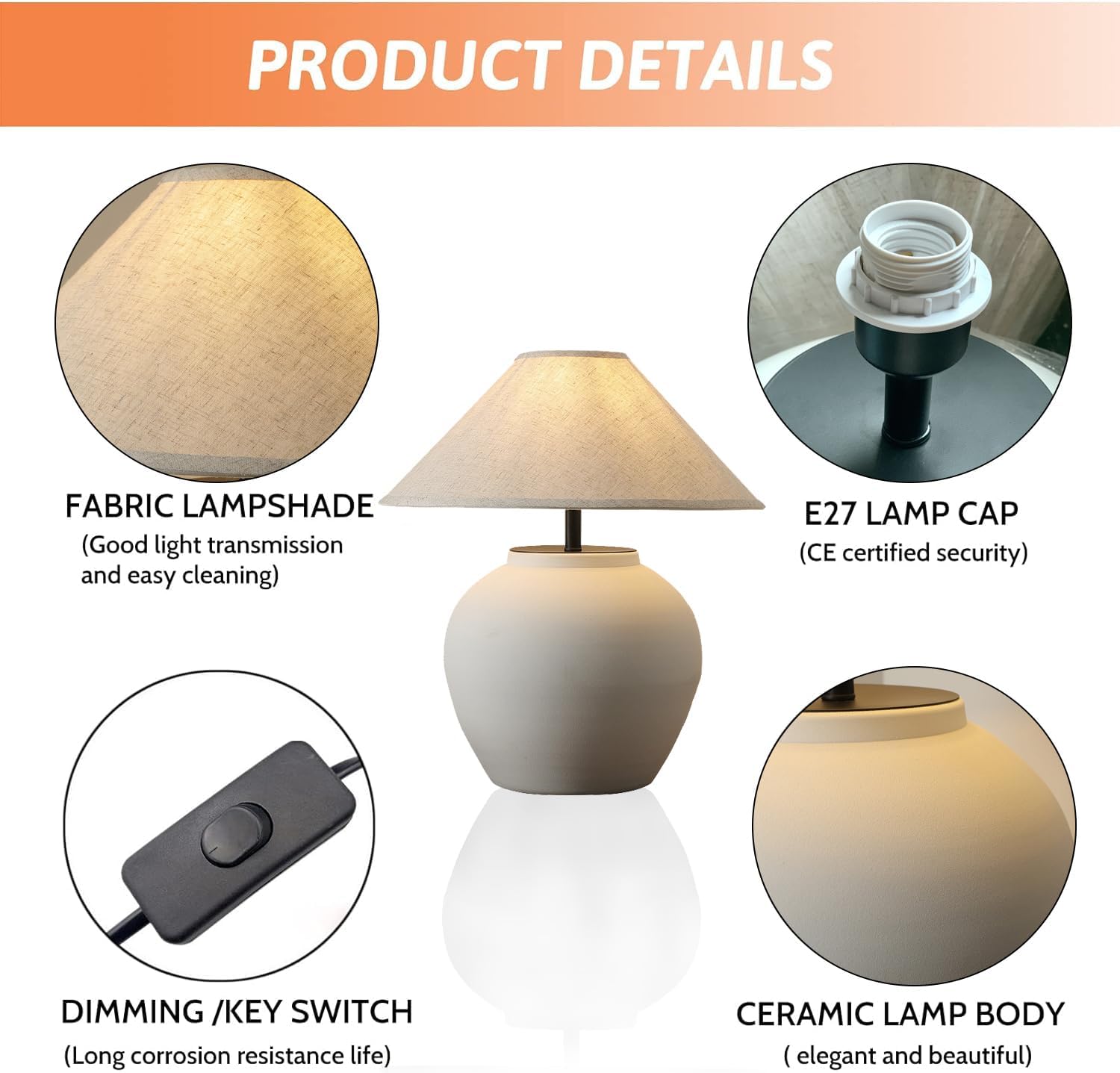 Farmhouse Table Lamps Black 18.8' Tall Ceramic Table Lamp Rustic Southwestern Clay Pot Ceramic Lampshade with Fabric Shade Bedside Nightstand for Living Room Bedroom House Office Entryway (White)