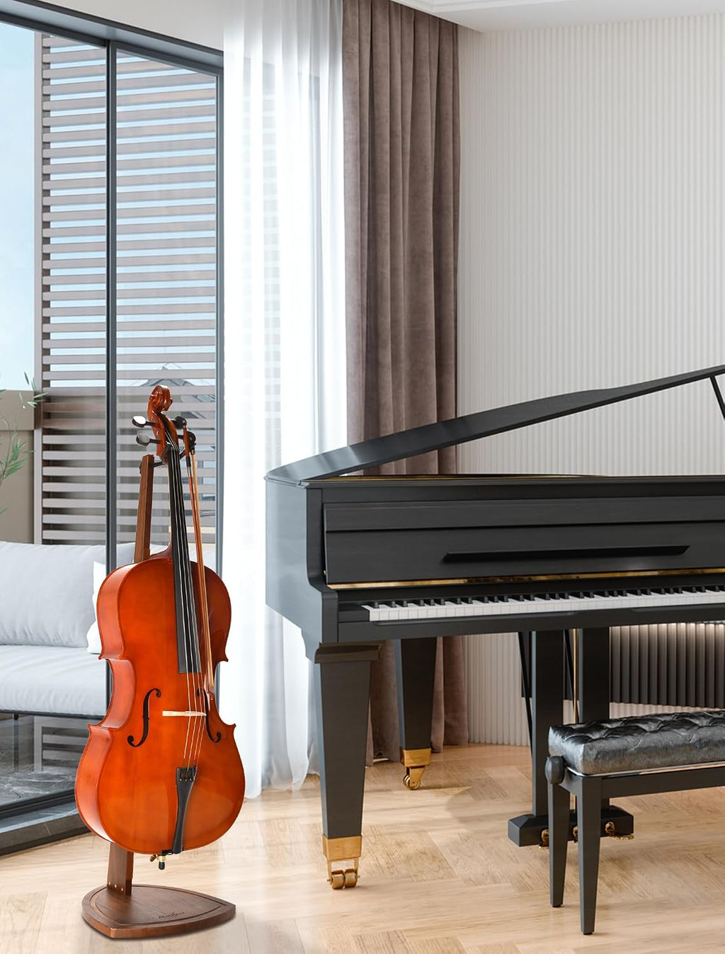 Cello Stand with Bow Holder, Handcrafted Walnut Wood Floor Stand for 4/4 Full-Size and 1/2, 1/4, 3/4, 1/8, 7/8, Cello Holder Rack for Home and Studio Display