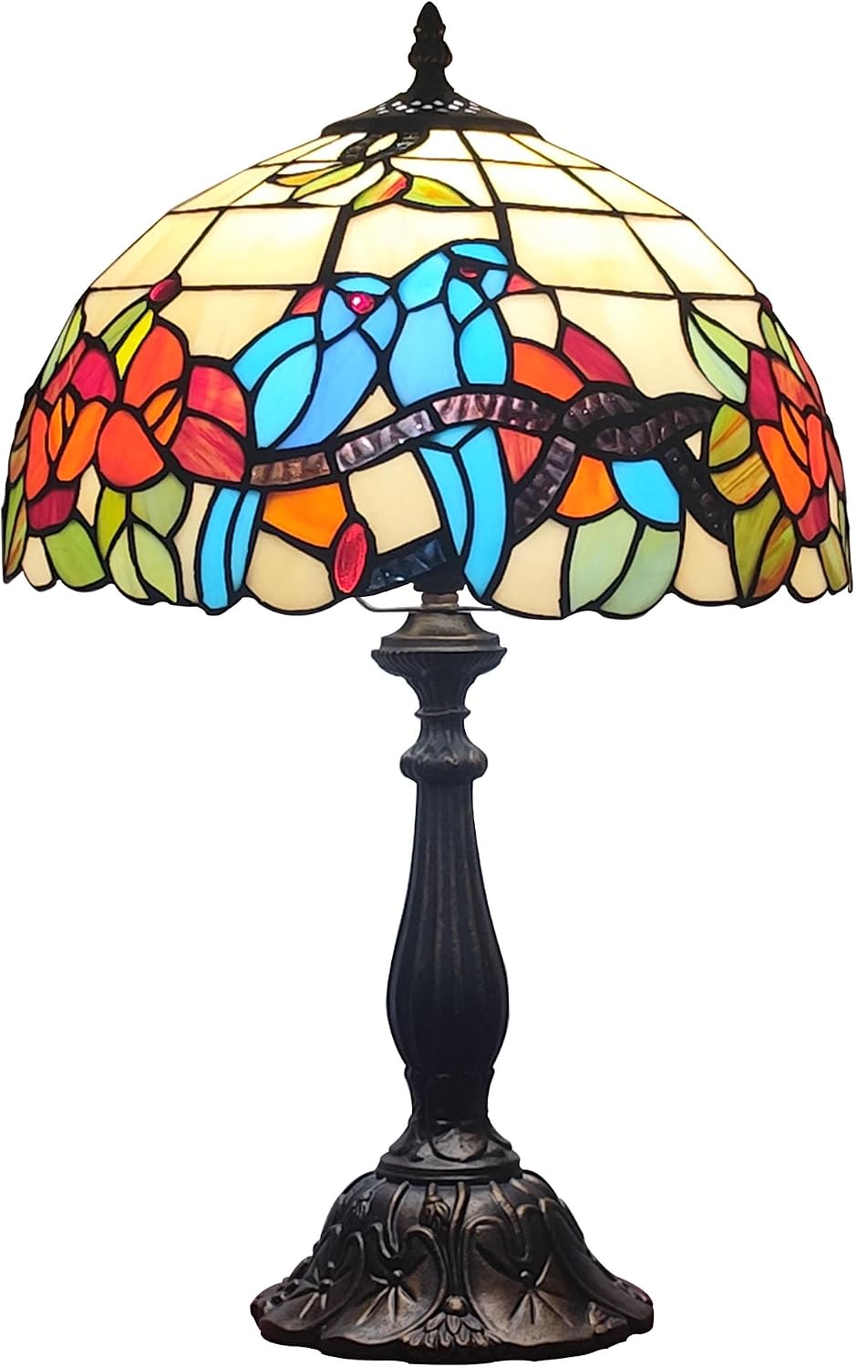 Tiffany 3-Color Stained Glass Lamp - Vintage Beside Reading Lamp, 12 inch Living Room Light, Flowers Style Antique Nightstand Light (Brids Flowers)