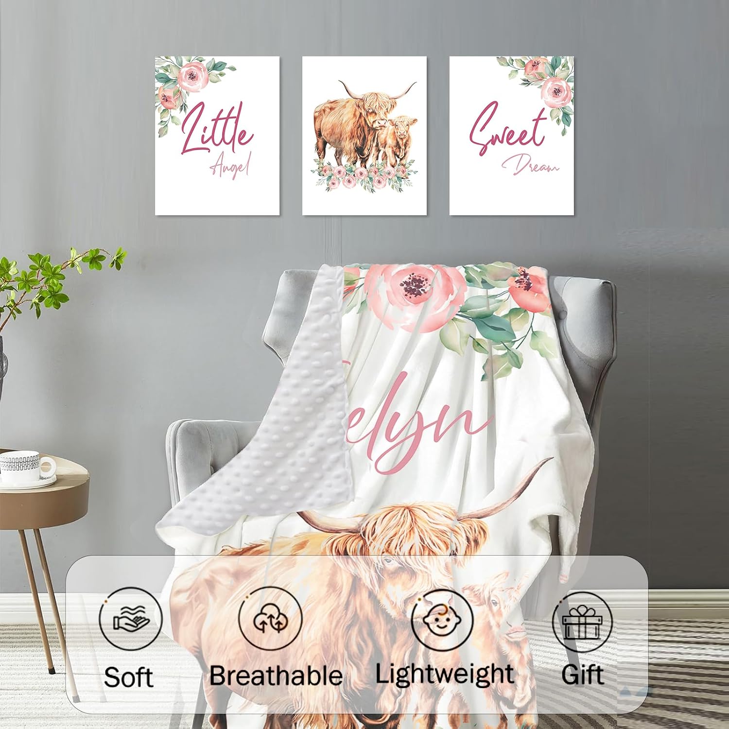 Personalized Nursery Crib Bedding Set: Custom Name Floral 5 Piece Baby Crib Sets with Highland Cow Design - Toddler Double Layer Blanket Set, Comfortable Crib Bed Sheets for Baby Grils