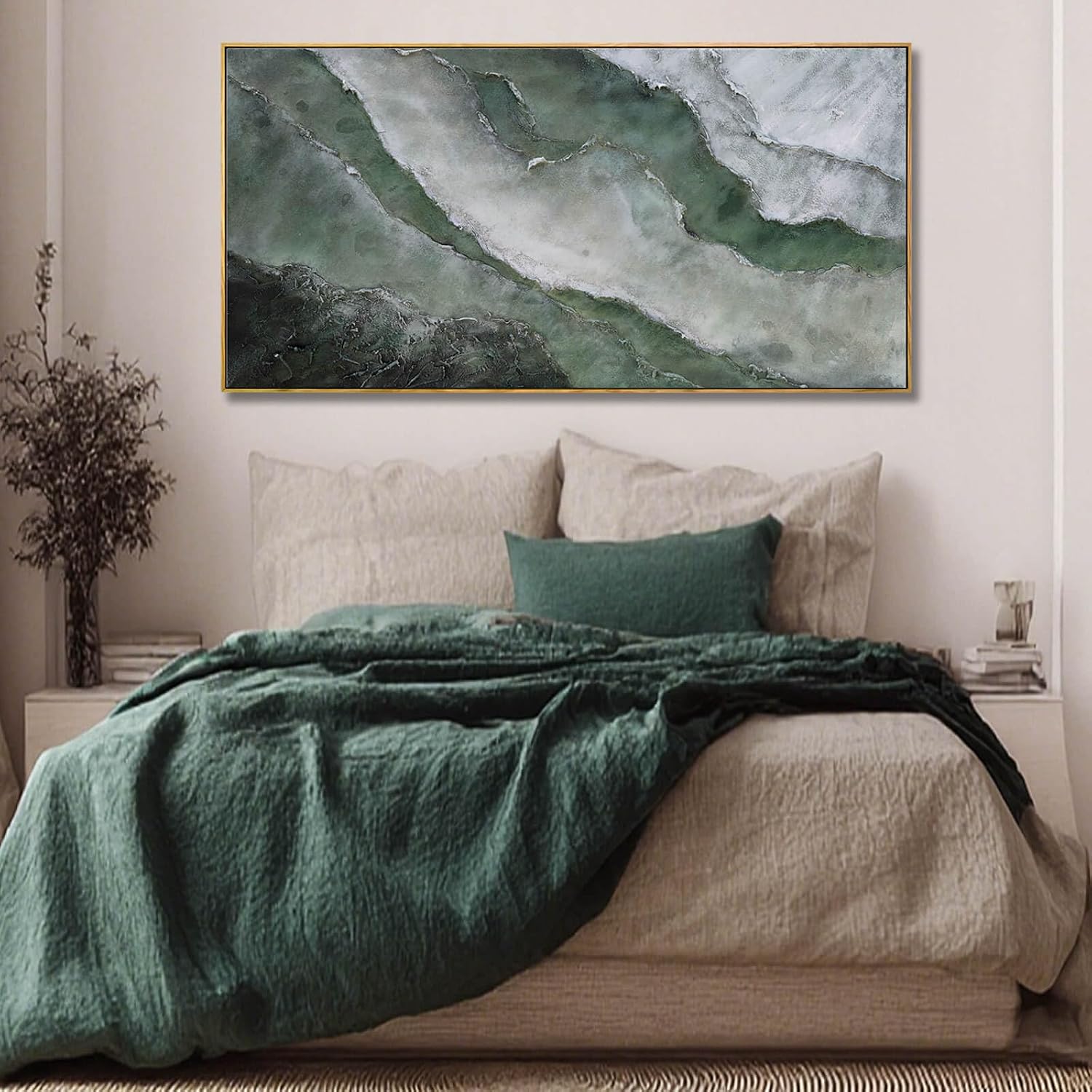 Green and White Textured Landscape Wall Art 24x48 Inch, Large Framed Canvas Artwork with Wood Frame, Abstract Nature Wall Decor for Living Room or Entryway