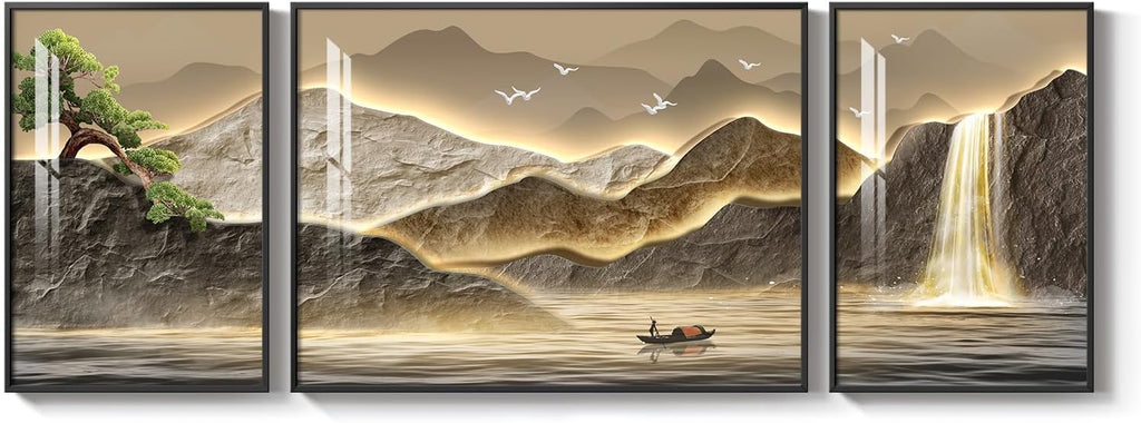 Framed Mountain Wall Art for Living Room, 3 Piece Brown Landscape Painting Prints, Modern Luxury Bright Style Pine Tree Waterfall Artwork for Dining Room,Hallway Office Wall Decor