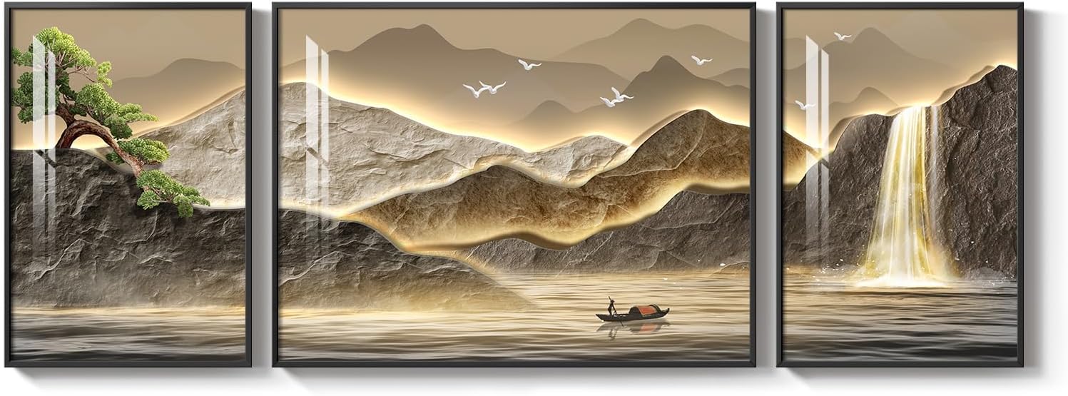 Framed Mountain Wall Art for Living Room, 3 Piece Brown Landscape Painting Prints, Modern Luxury Bright Style Pine Tree Waterfall Artwork for Dining Room,Hallway Office Wall Decor