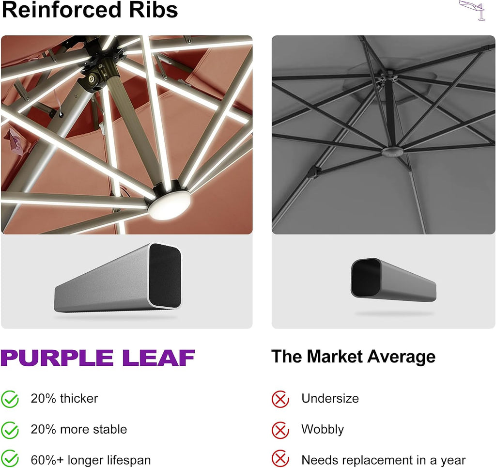 PURPLE LEAF 12ft Solar powered LED Patio Umbrella Outdoor Round Large Cantilever Umbrella with LED lights Windproof for Garden Deck Pool Patio, Brick Red