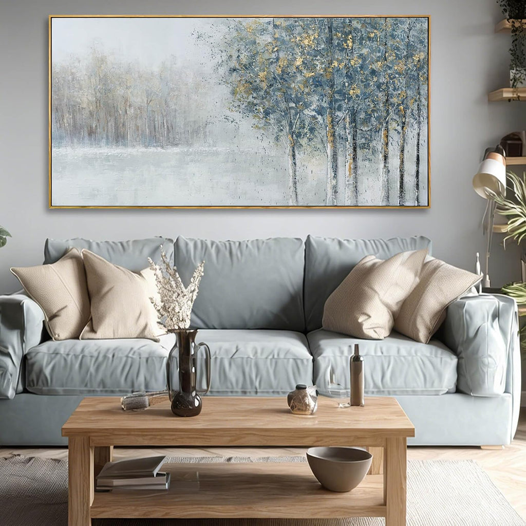 Grey Blue Tree of Life Wall Art 29x58 Inch, Large Framed Canvas Artwork with Wooden Frame, Pictures for Bedroom Wall Decor, Contemporary Forest Painting for Living Room or Hallway