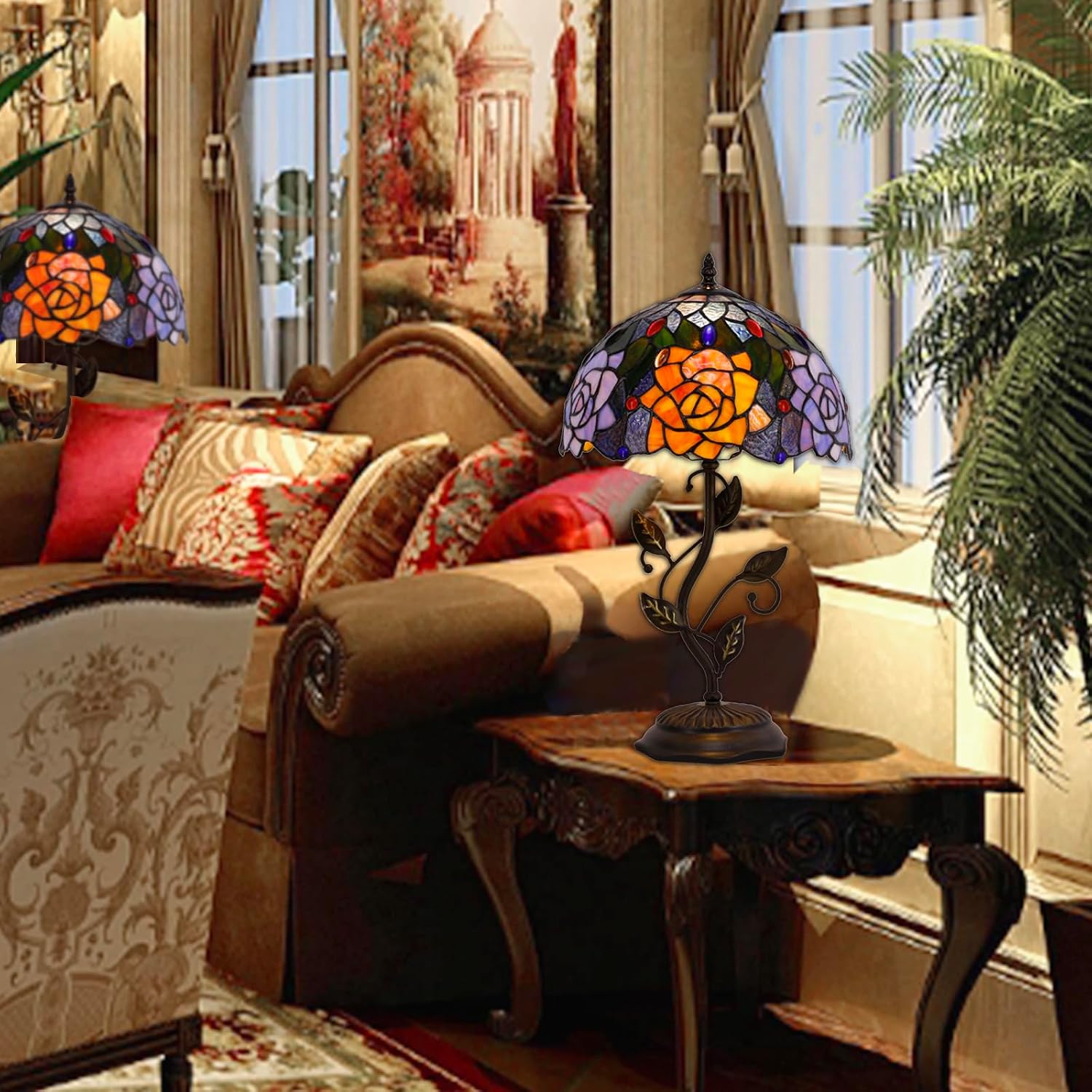 Tiffany Lamp Orange Red Rose Flower Stained Glass Table Lamp Desk Bedside Reading Light 12X12X19 Inches with Metal Leaf Base Decor Bedroom Living Room