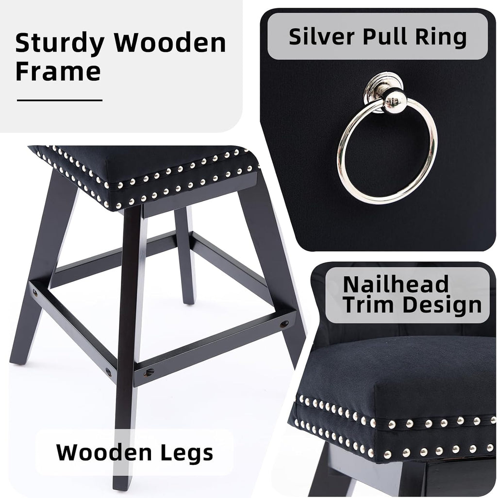 Black Bar Stools Set of 2, Modern Swivel Velvet Counter Height Barstools, Upholstered Kitchen Island Chairs with Button Tufted Back, Rivet Trim, Solid Wood Legs, 26' H Seat, Black