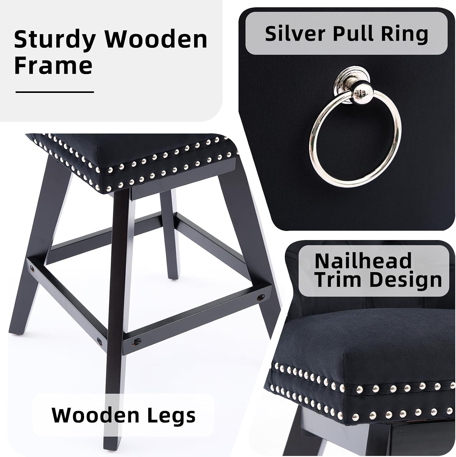 Black Bar Stools Set of 2, Modern Swivel Velvet Counter Height Barstools, Upholstered Kitchen Island Chairs with Button Tufted Back, Rivet Trim, Solid Wood Legs, 26' H Seat, Black
