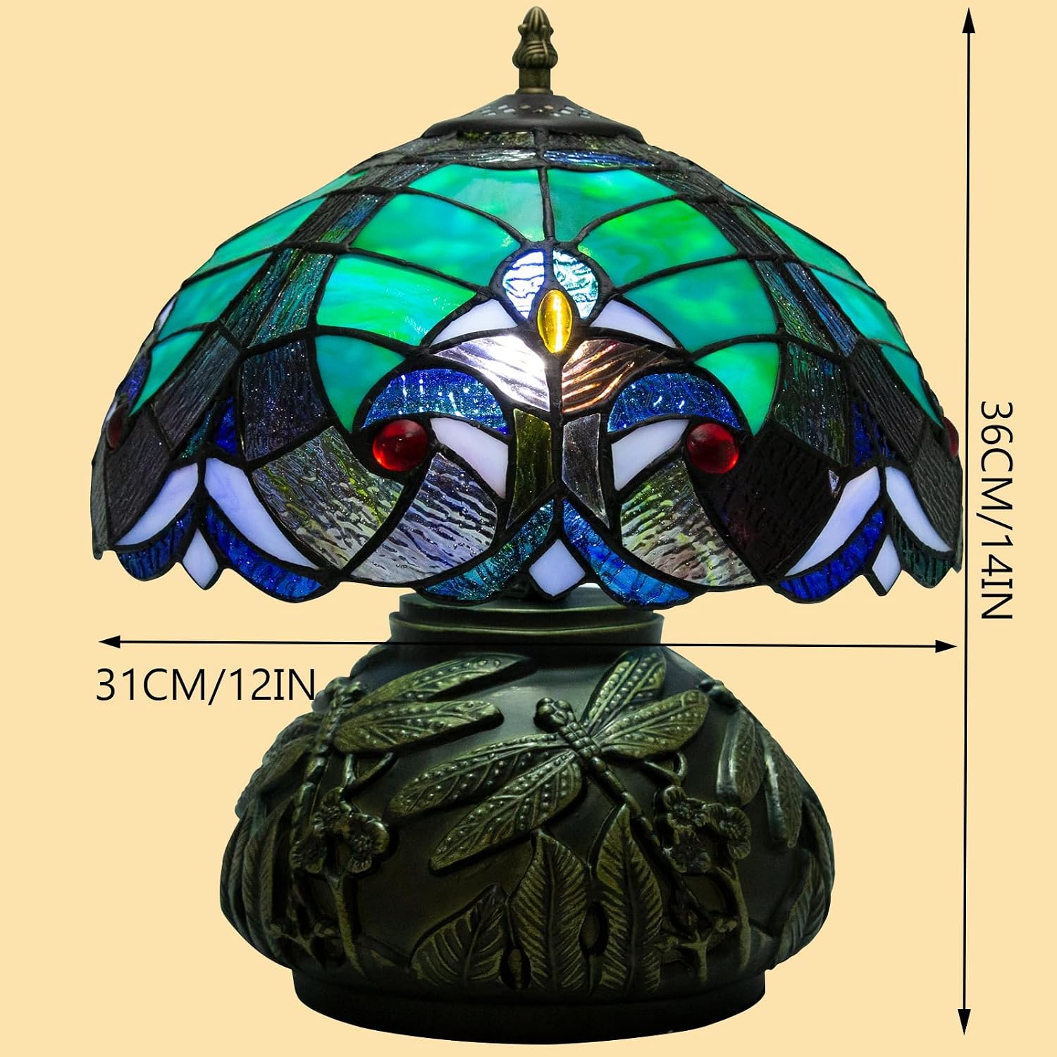 Tiffany Style Table Lamp Dragonfly, Small Stained Glass Lamp for Bedside, Bedroom, Nightstand, Living Room, 12 Inch Mini Vintage Mushroom Desk Lights Included E26 LED with Remote Control