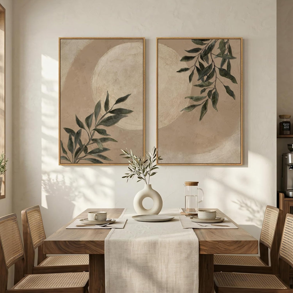 Large Framed Botanical Moon Wall Art for Living Room, Vintage Neutral Nature Canvas Painting Prints Set of 2, Rustic Farmhouse Minimalist Leaf Wall Decor for Bedroom Dining room Hallway, 24x36 Inch