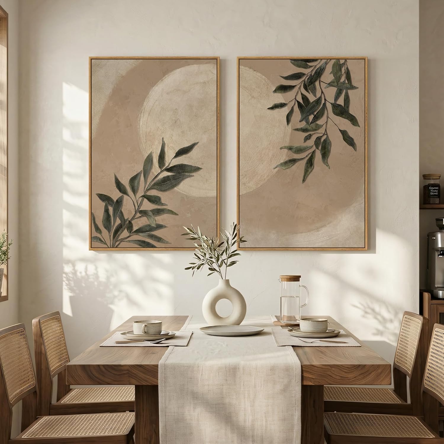 Large Framed Botanical Moon Wall Art for Living Room, Vintage Neutral Nature Canvas Painting Prints Set of 2, Rustic Farmhouse Minimalist Leaf Wall Decor for Bedroom Dining room Hallway, 24x36 Inch