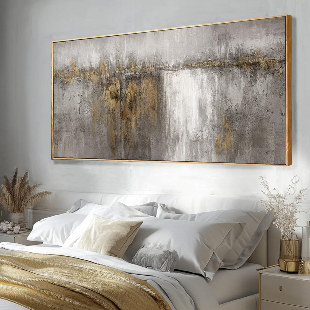 White and Gold Artwork for Walls Abstract Framed Poster Print 24'x48' Canvas Wall Art for Bedroom Neutral Artwork Decor for Office