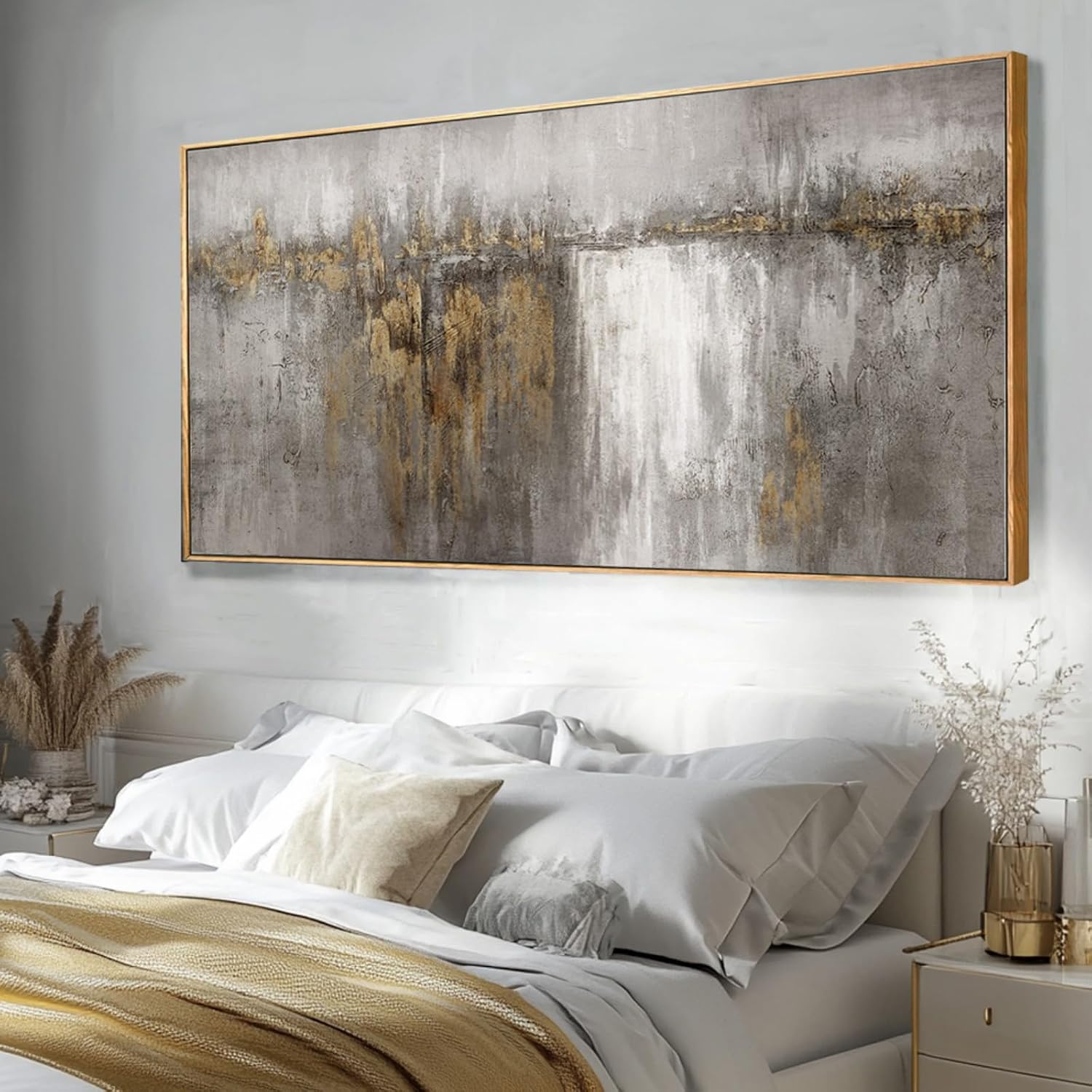 White and Gold Artwork for Walls Abstract Framed Poster Print 24'x48' Canvas Wall Art for Bedroom Neutral Artwork Decor for Office
