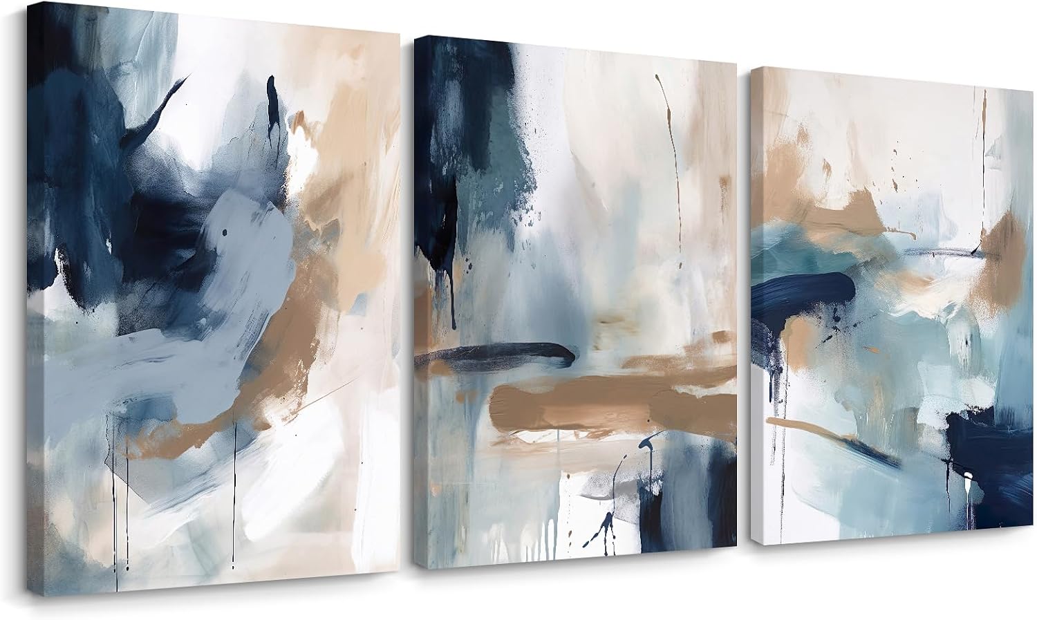 Navy Blue Pictures Wall Art Abstract Modern Painting Canvas Brown Watercolor Wall Art Decor Abstract Blue Poster Minimalist Graffiti Prints Artwork for Living Room 24x36 Inch Set of 3