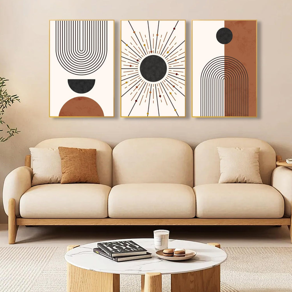 Minimalist Boho Framed Canvas Wall Art Set, Neutral Geometric Line Sun Wall Decor, Mid Century Wall Painting, Abstract Modern Bohemian Art Print for Living Room, Bedroom, Office -24'x36'x3