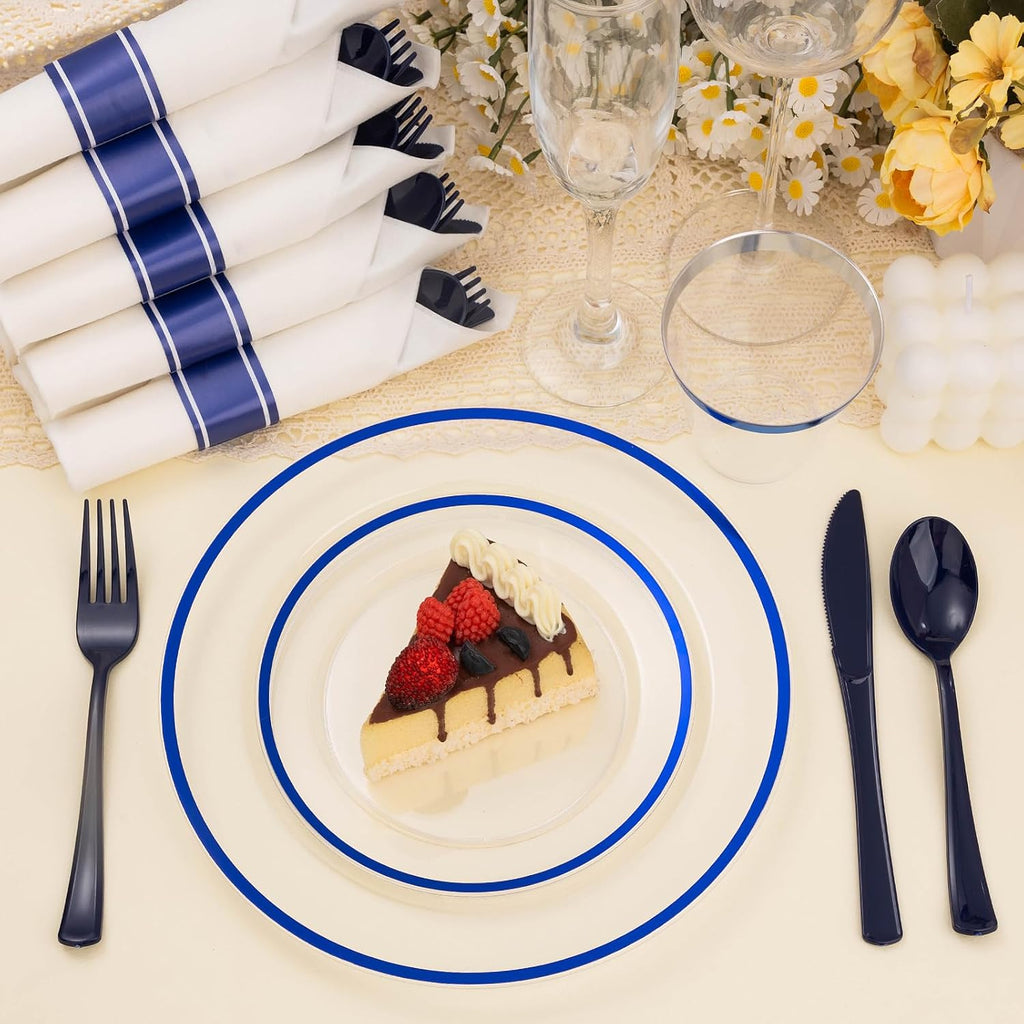 700PCS Clear Blue Disposable Plastic Dinnerware Set for 100 Guests, 200 Plastic Plates, 100 Cups, 100 Pre-Rolled Napkins with Cutlery for Party, Birthday, Christmas, Wedding, Thanksgiving, Halloween