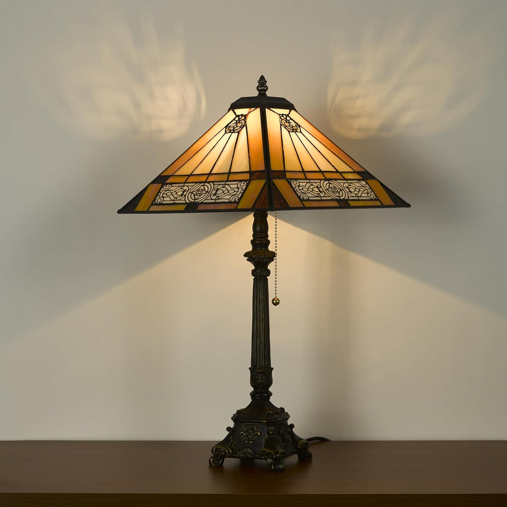 Tiffany Table Lamps Yellow Stained Glass Striped Checkered Style Mission Desk Lamp 12X12X24 Inch Bronze Resin Base