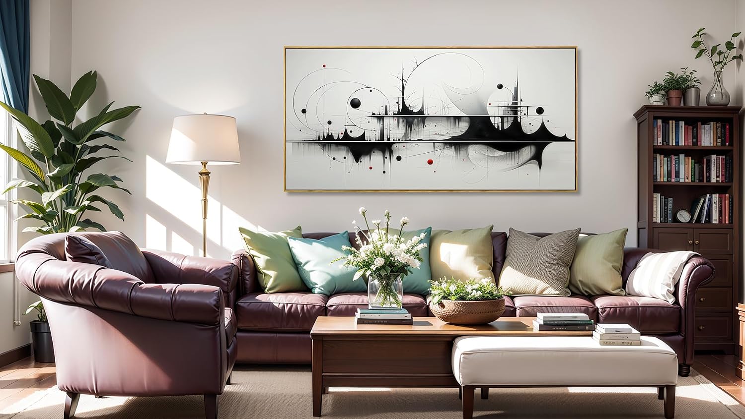 Wall Art Modern Artwork Black And White Canvas Painting Geometric Line Art Wall Decor for Living Room Bedroom Dining Room Home Office Decor 30'x60' with Framed