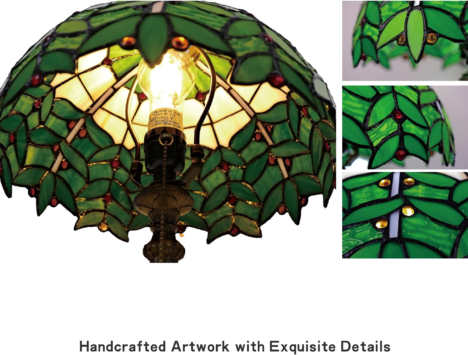 Tiffany Style Stained Glass Table Lamp 12-inch Dia Natural Green Leaf Design Lampshade Nightstand Light for Bedroom Dining Dorm Living Hallway Cottage Office Cafe Ceremony Housewarming Gift