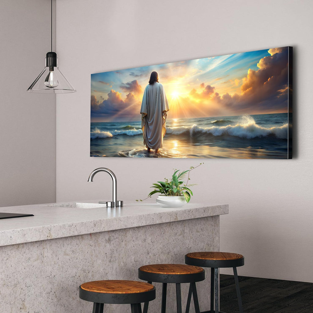 Large Jesus Canvas Wall Art Jesus Walking on Water Wall Decor for Living Room Office Inspirational Christian Picture Prints Sunset Ocean Coastal Painting Religious Poster Artwork Decorations 24x48'