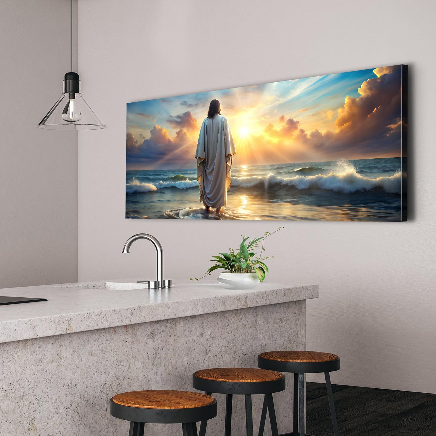 Large Jesus Canvas Wall Art Jesus Walking on Water Wall Decor for Living Room Office Inspirational Christian Picture Prints Sunset Ocean Coastal Painting Religious Poster Artwork Decorations 24x48'
