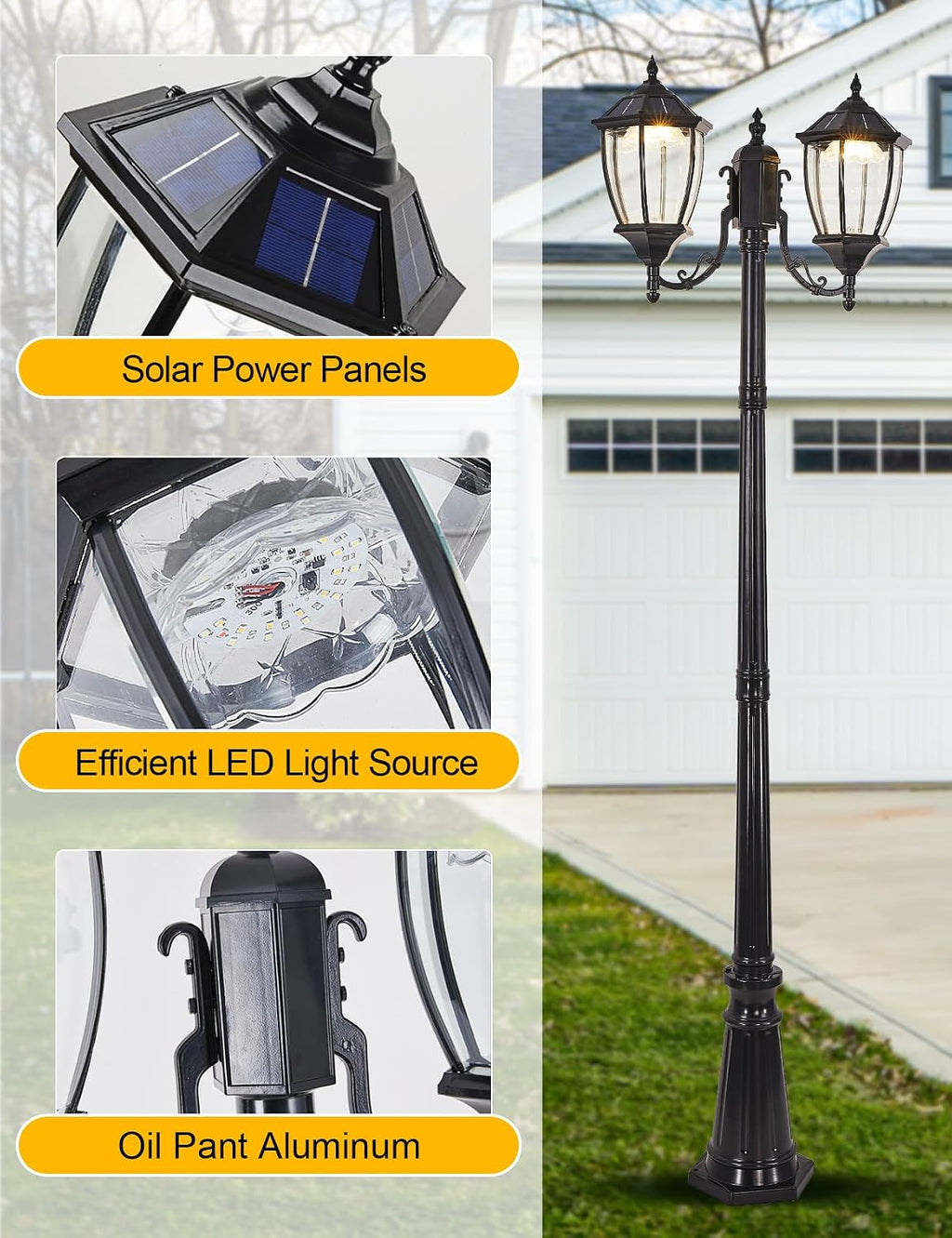 2-Heads Outdoor Solar Lamp Post Lights with Dusk to Dawn Sensor, Classic Exterior Solar Pole Lights with Waterproof, Black Street Lights with Clear Glass for Garden, Patio, Pathway, Driveway