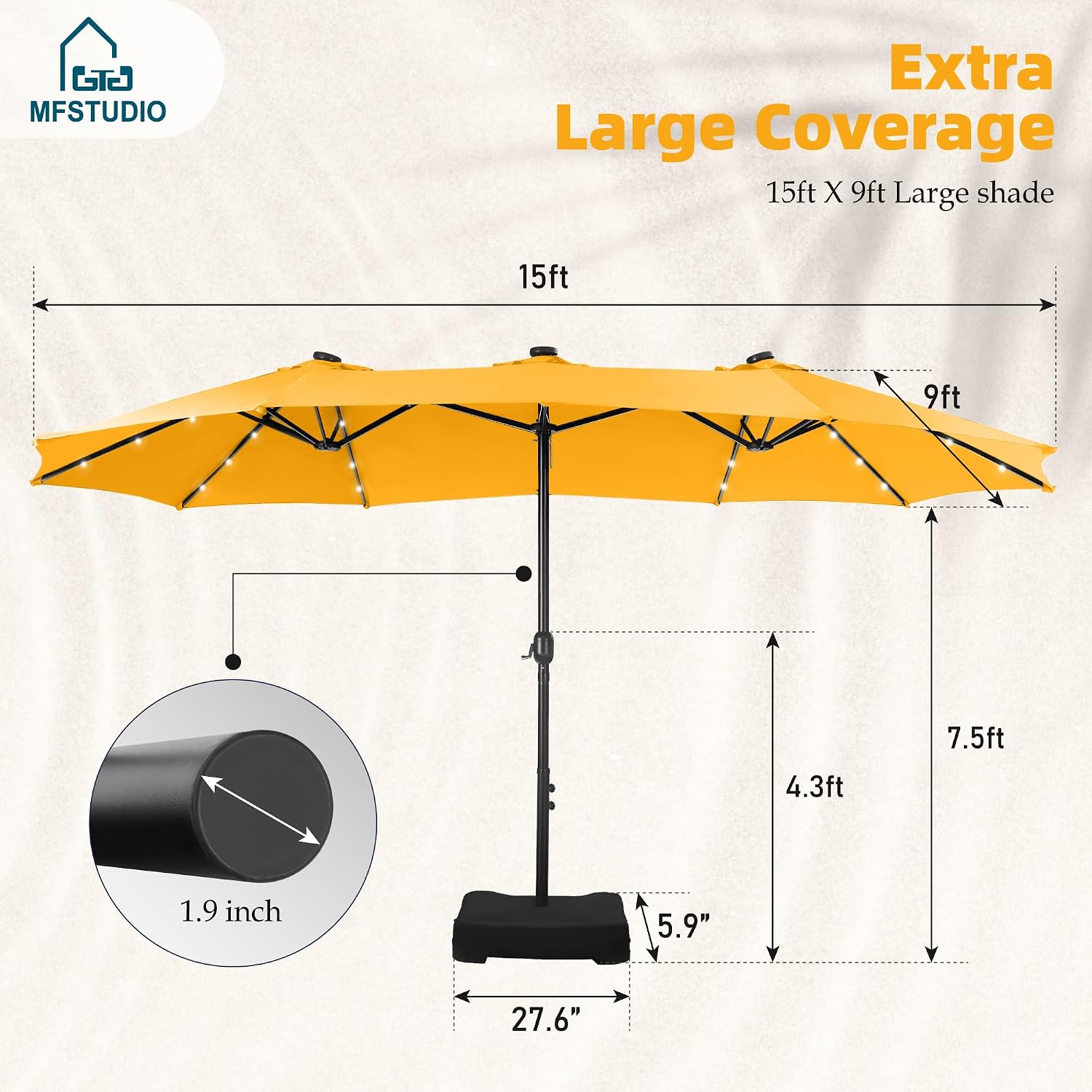 MFSTUDIO 15ft Double Sided Patio Umbrella with Solar Lights, Outdoor Large Umbrellas with Crank Handle and 36 LED Lights, Rectangular Market Umbrella with Base Included for Deck Pool, Gold Yellow