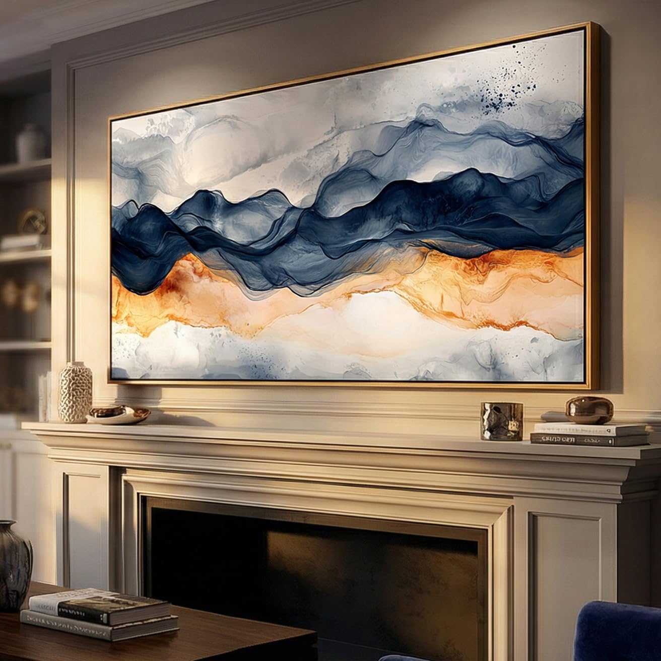 Tucai Decor Modern Abstract Mountain Wall Art Canvas Prints Navy Blue and Orange With Wood Frame Large Living Room Decor Bedroom Office Wall Decor 30 x 58 inch Ready to Hang