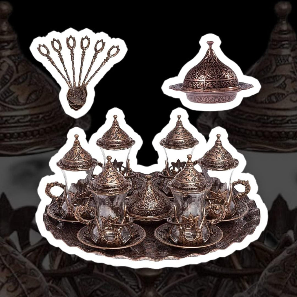 Alisveristime Handmade Turkish Tea Water Zamzam Serving Set Glasses Saucer, Tray and Spoon (Copper)