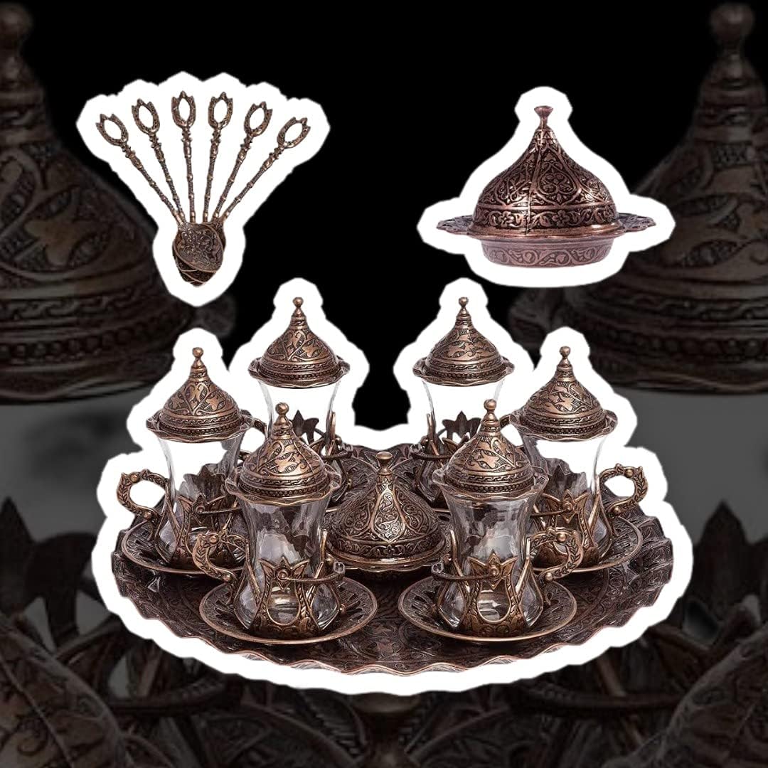 Alisveristime Handmade Turkish Tea Water Zamzam Serving Set Glasses Saucer, Tray and Spoon (Copper)