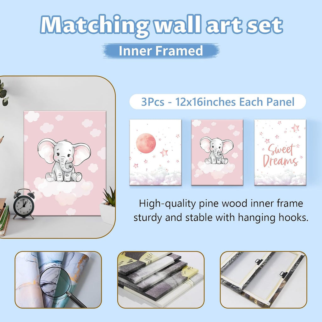 KAINSY Personalized Nursery Bedding Set, 5 Pcs - Custom Baby Girl Elephant Bedding, Toddlers Bedding Set with Name, Double Layer, Customized Gift for Infant Kid