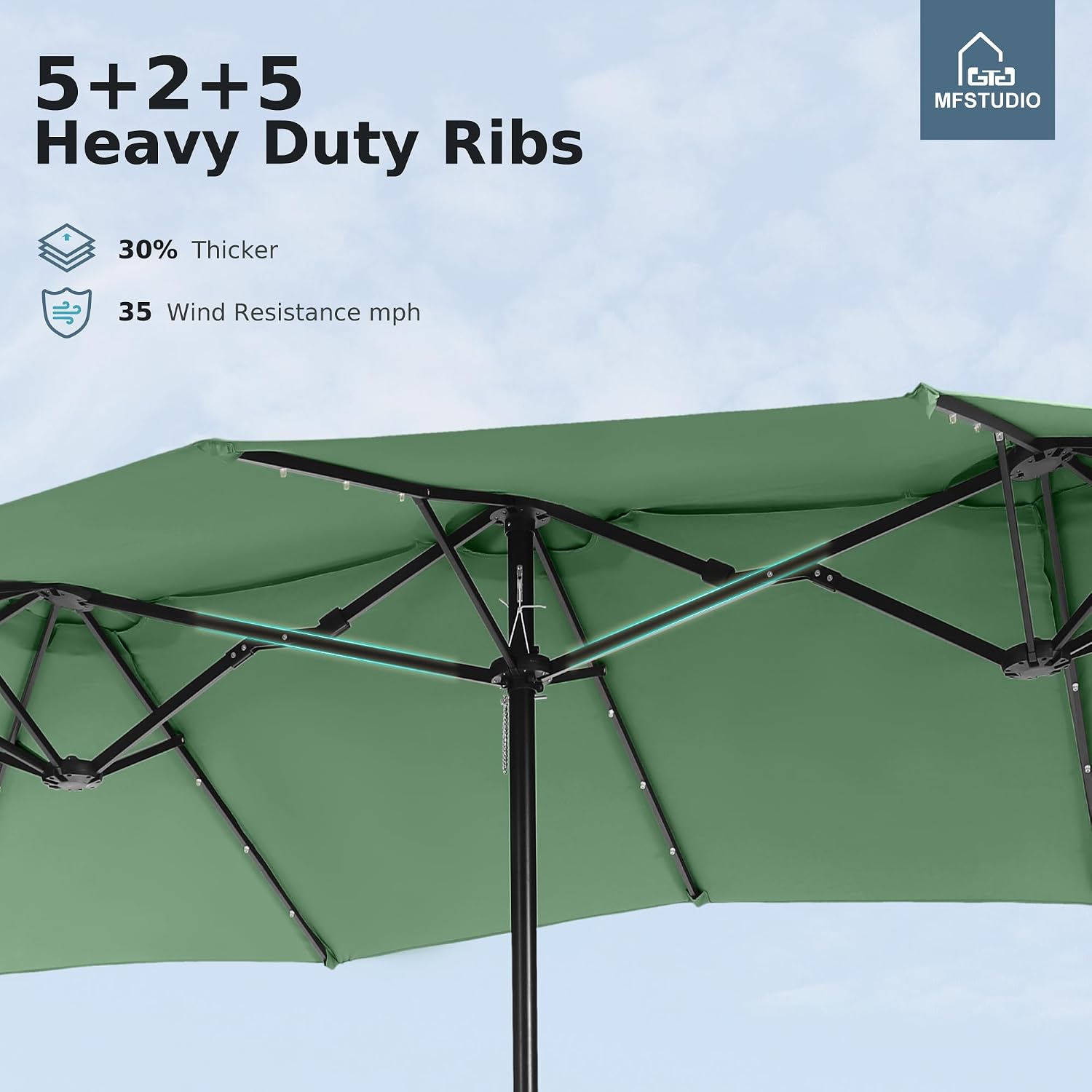 MFSTUDIO 15ft Double Sided Patio Umbrella with Solar Lights, Outdoor Large Umbrellas with Crank Handle and 36 LED Lights, Rectangular Market Umbrella with Base Included for Deck Pool Shade, Mint Green