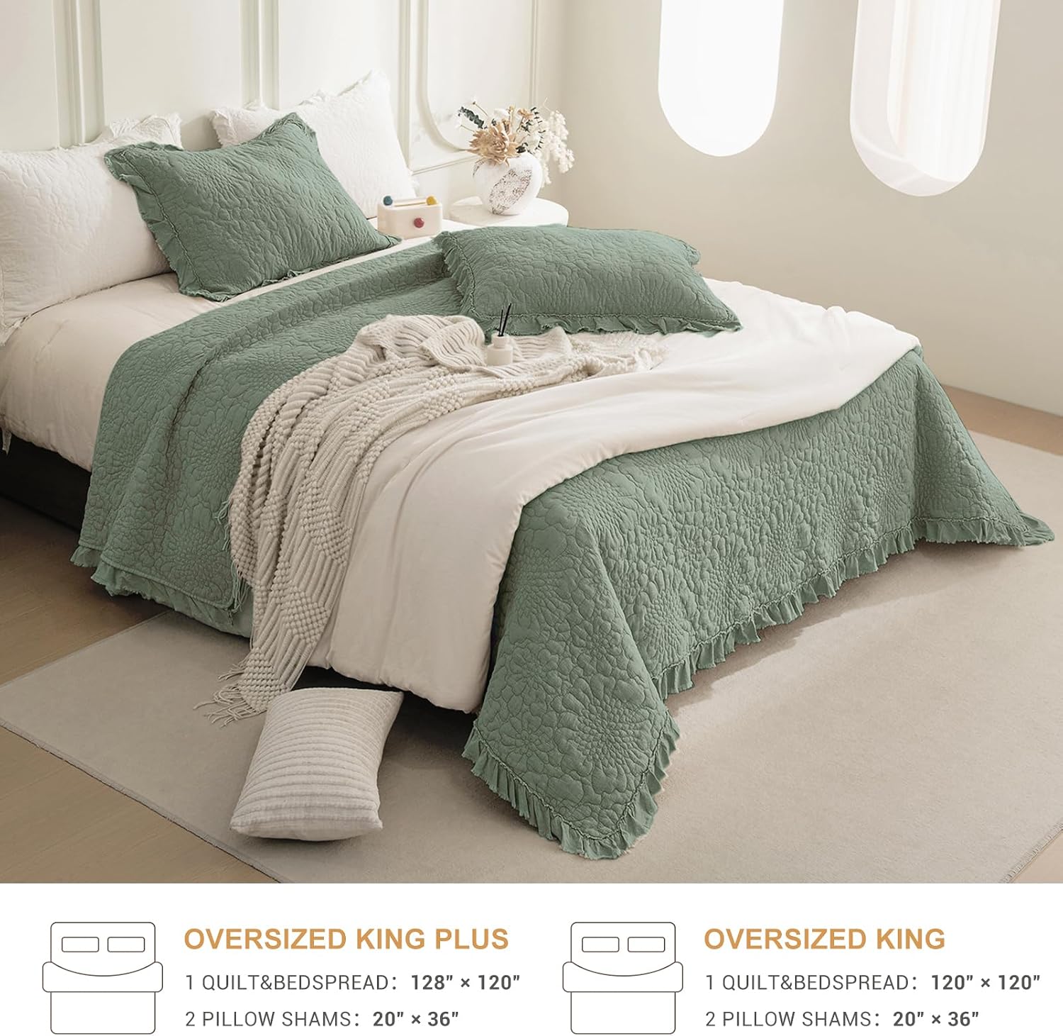 QSH 3PCs Green Oversized King Quilt Bedspread Set(120'x120'),Stonewashed Cotton Ruffled Quilt California King,Ultra Soft Lightweight Crinkled Shabby Bedspread Coverlet Bed Set for All Seasons