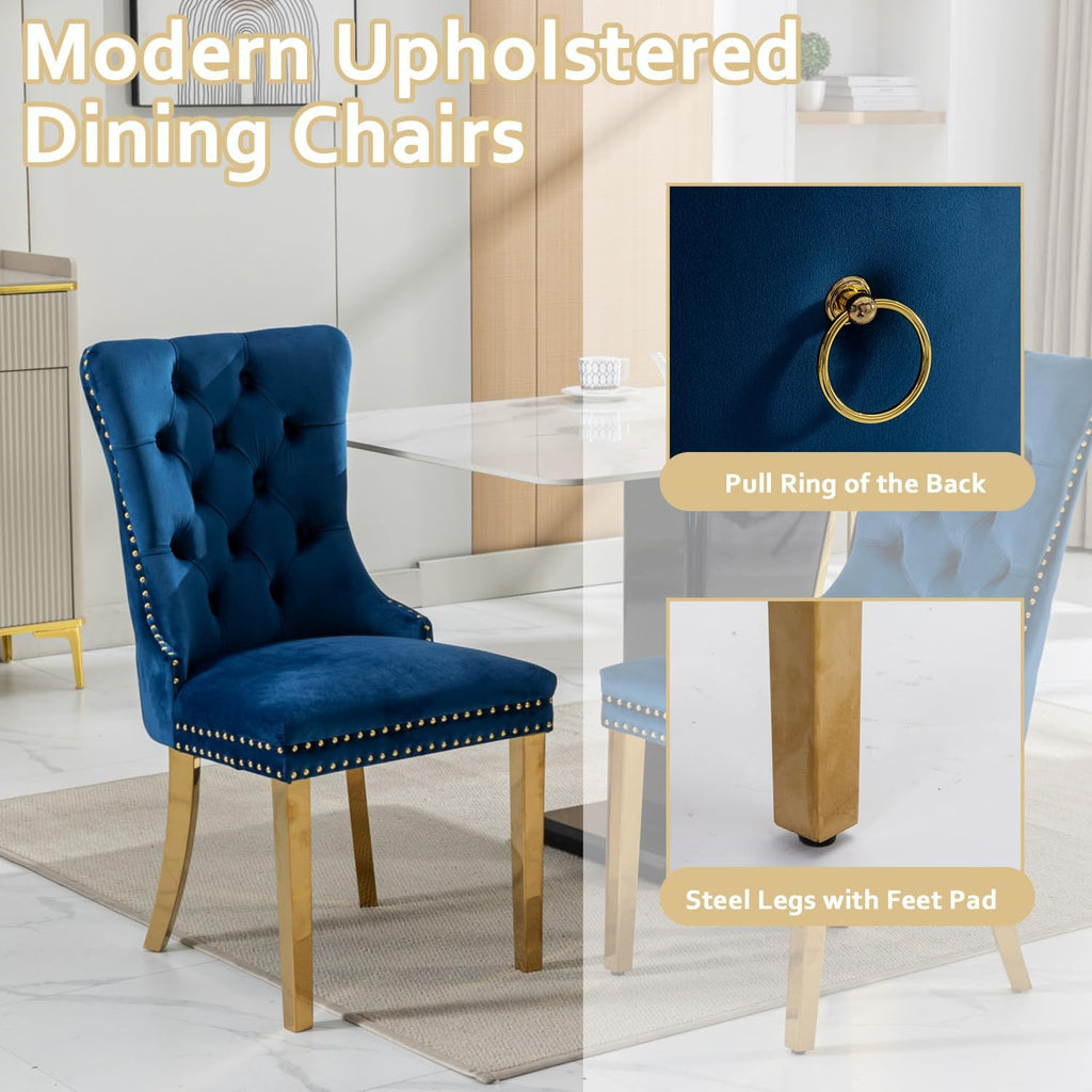 2 Piece Contemporary Velvet Upholstered Dining Chair with Chrome Stainless Steel Plating Legs, Nail Head Decro, Armless Tufted Dining Chair Fabric Dining Room Chair (Blue&Gold, Set of 2)