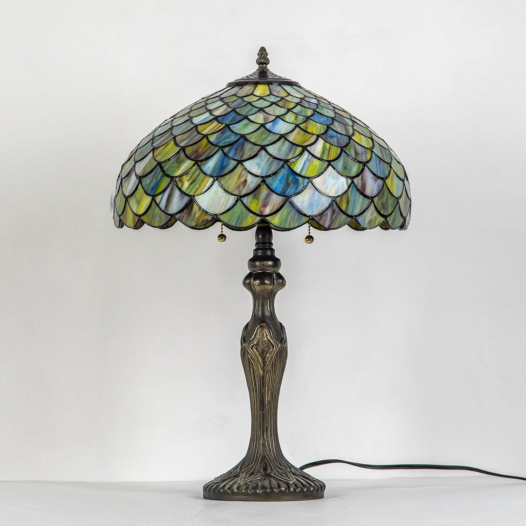 Tiffany Lamp 16' Gradient Green Fish Scales Stained Glass Table Lamp for Large Space Vintage Style Antique Bronze Base Desk Light Decorate Bedside Bedroom Living Room Entry Hallway Home Office