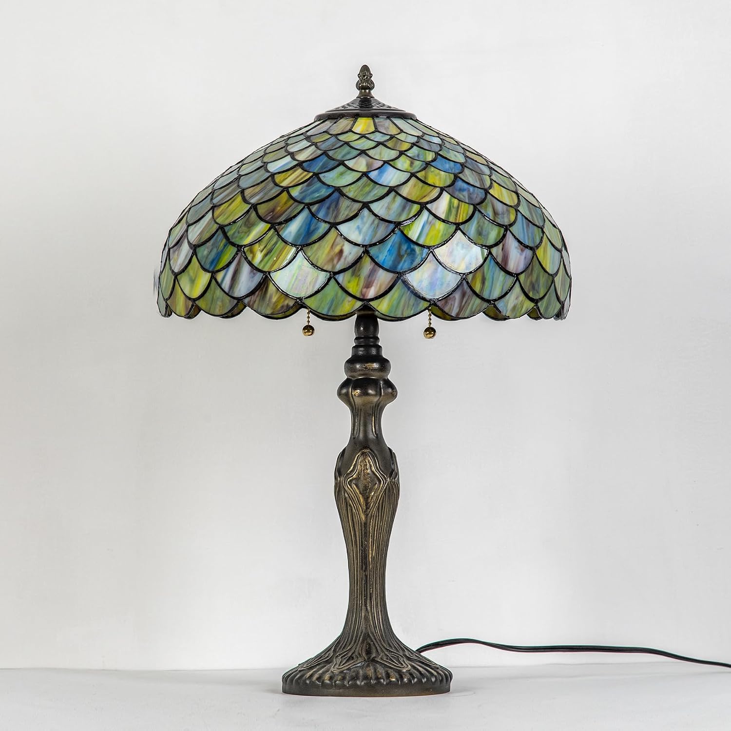 Tiffany Lamp 16' Gradient Green Fish Scales Stained Glass Table Lamp for Large Space Vintage Style Antique Bronze Base Desk Light Decorate Bedside Bedroom Living Room Entry Hallway Home Office