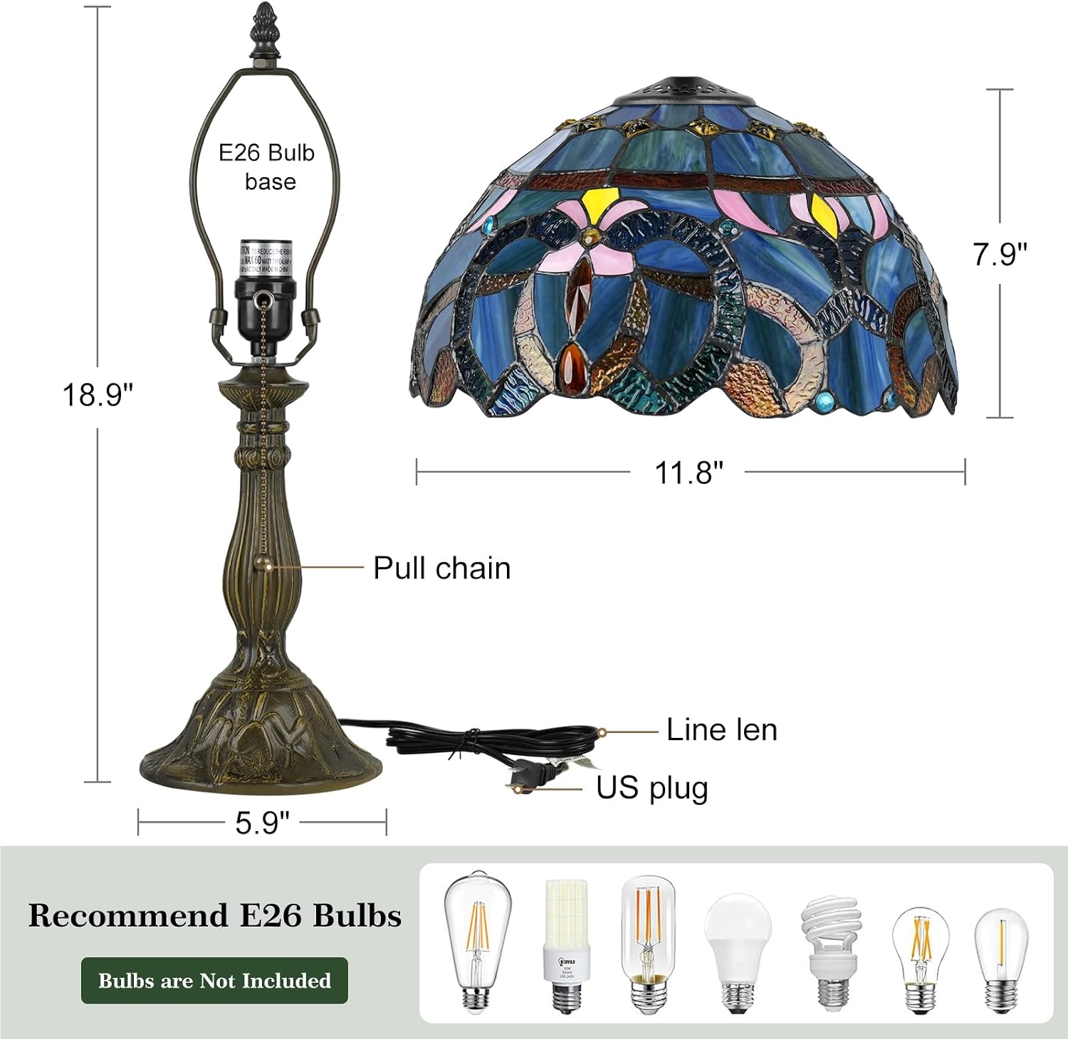 MOAN Lamp Stained Glass Table Lamp 12X12X19 Inch Bedside Reading Light Antique Bronze Base(Blue Baroque Style)