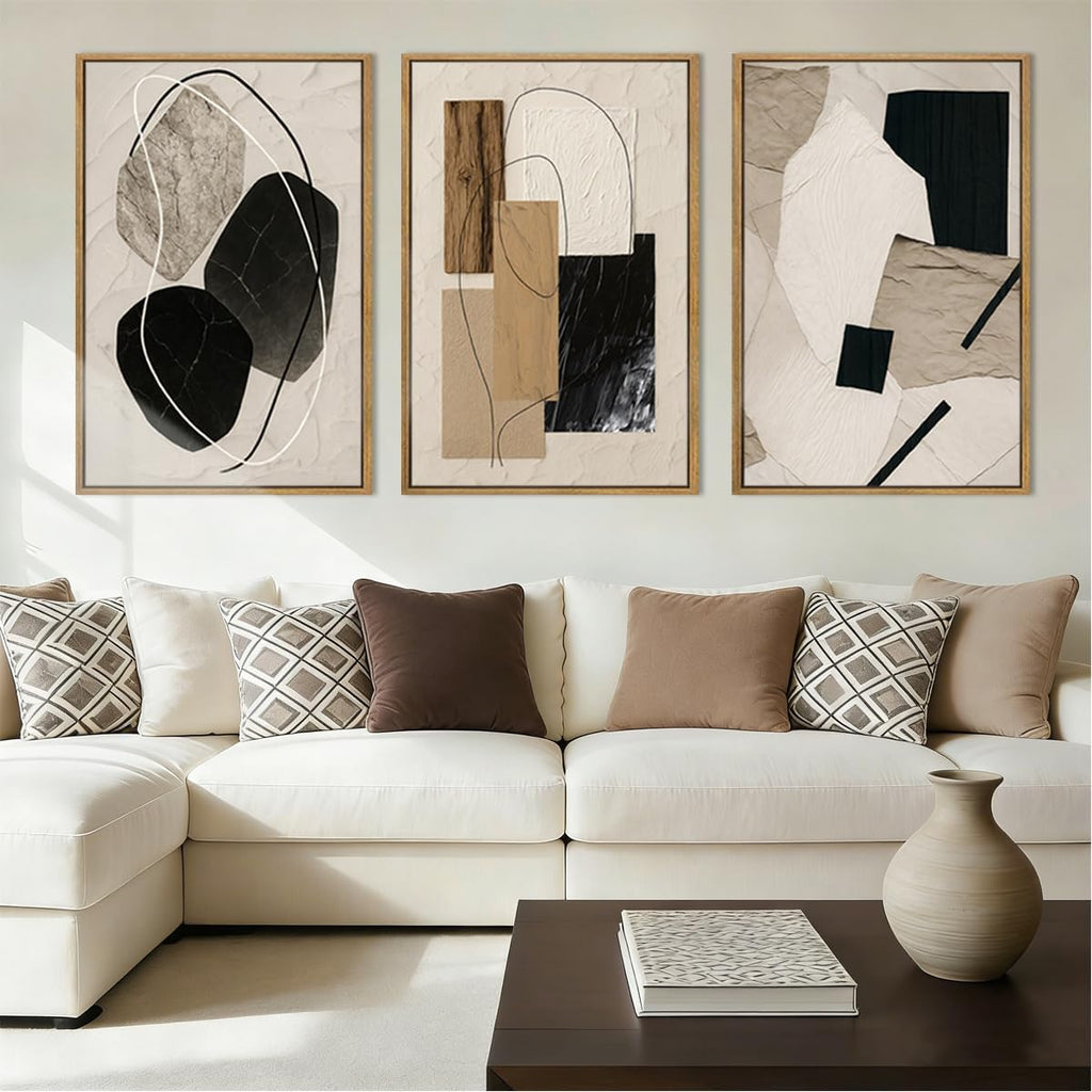 Large Abstract Paintings Framed Neutral Canvas Prints Mid Century Modern Wall Art Abstract Wall Decor Neutral Wall Pictures Elegant Modern Paintings for Living Room Bedroom Bathroom Office 36x24 Inch 3 Piece