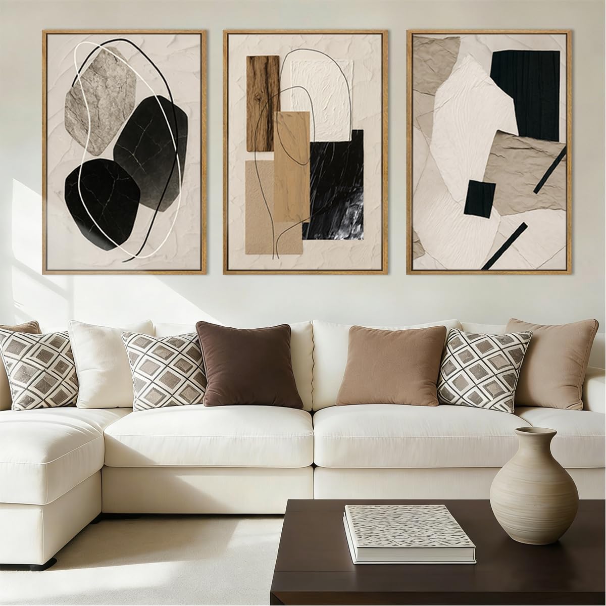 Large Abstract Paintings Framed Neutral Canvas Prints Mid Century Modern Wall Art Abstract Wall Decor Neutral Wall Pictures Elegant Modern Paintings for Living Room Bedroom Bathroom Office 36x24 Inch 3 Piece