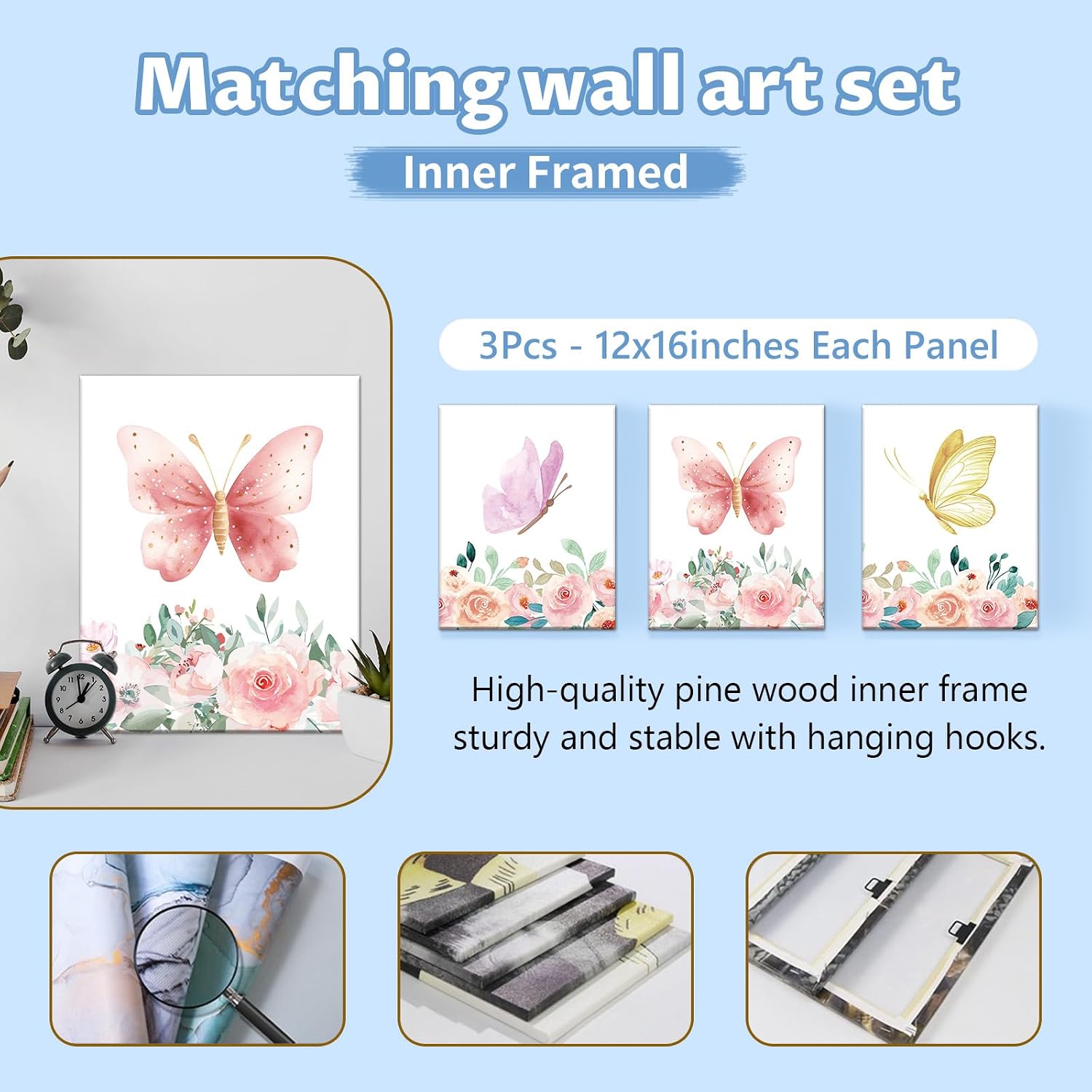 KAINSY Personalized Crib Set, 5 Pcs Custom Baby Crib Sets with Name, Double Layer Butterfly Nursery Bedding Set for Girls, Soft Flannel Bedding Set, Toddler Infant Customized Gift