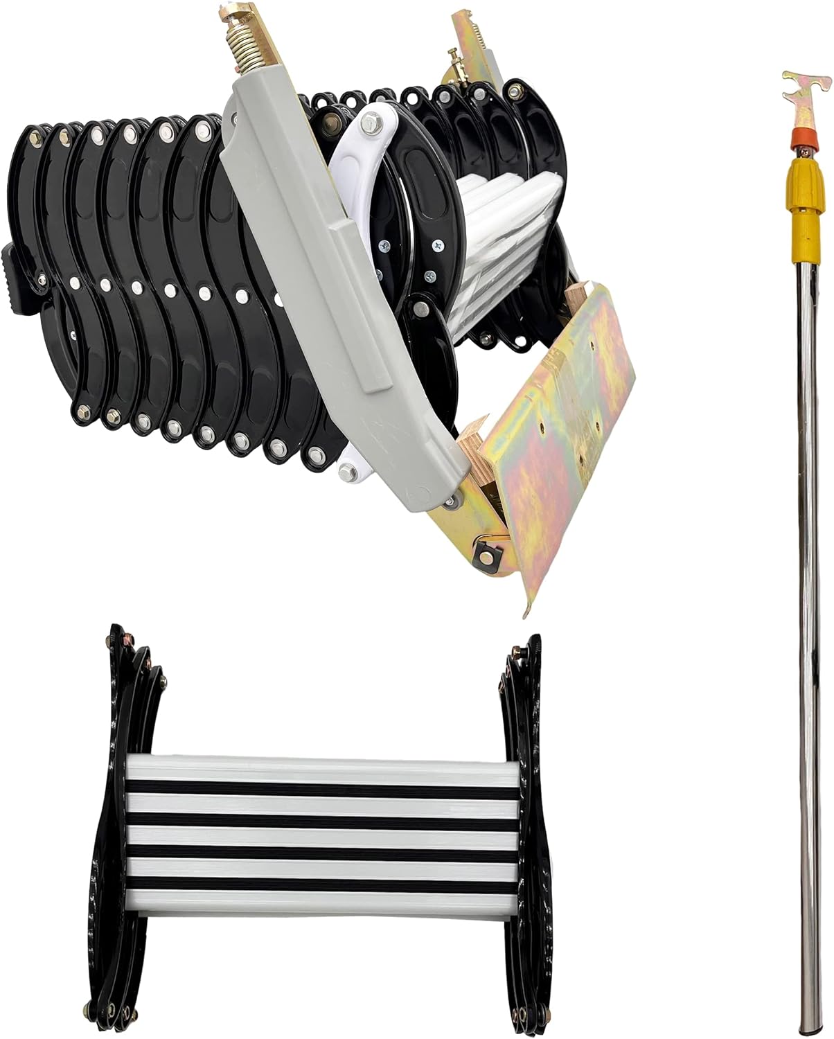 9.8 Feet Attic Ladder Pull Down 12 Steps, Black Aluminum Magnesium Alloy Wall-Mounted Folding Attic Loft Stairs, 660LB Load Capacity