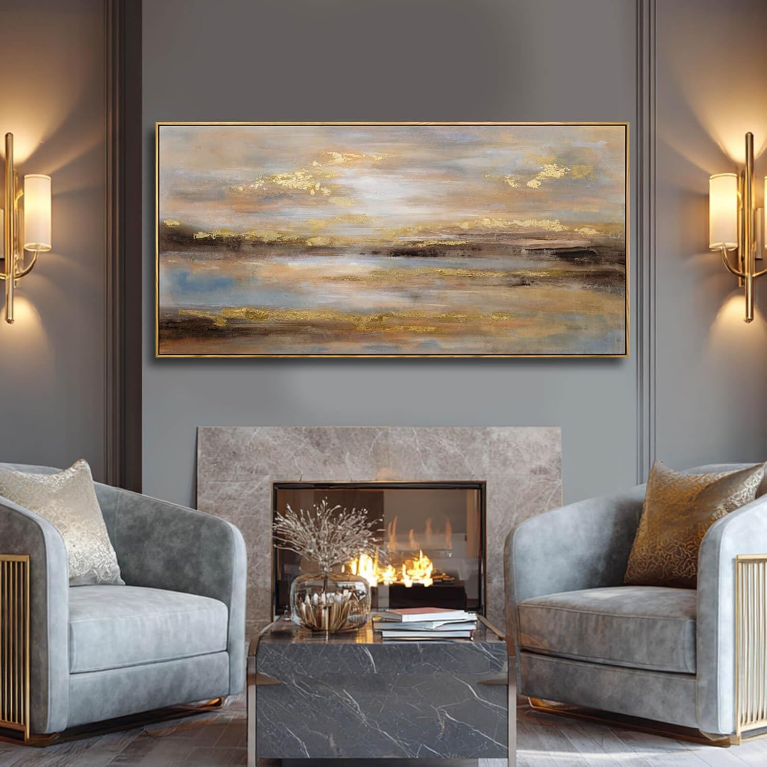 Large Framed Artwork for Living Room Abstract Bedroom Wall Art Gold Abstract Wall Decor Office Home Decor 29'x 58' Canvas Painting Wall Hanging
