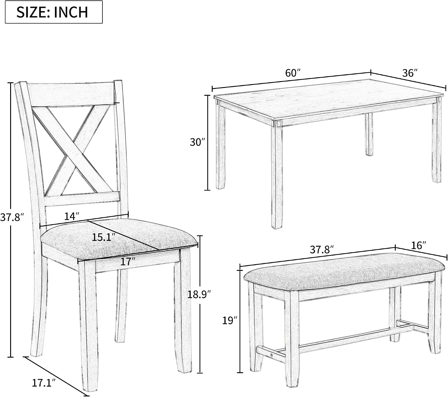6-Piece Dining Room Table Set, Rustic Farmhouse Wood Dining Table Set with Rectangular Table 4 Upholstered Padded Chairs and 1 Padded Bench, Dining Set for Family of 4-6 People (Grey)