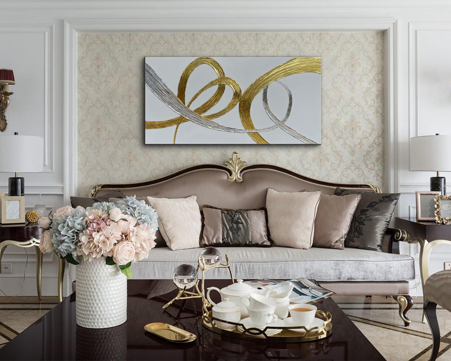 Creespi Hand-Painted Gold And Silver Foil Textured Wall Art,Abstract Oil Painting On Canvas 24x48 inch,Contemporary Minimalist Art Painting for Home Wall Décor