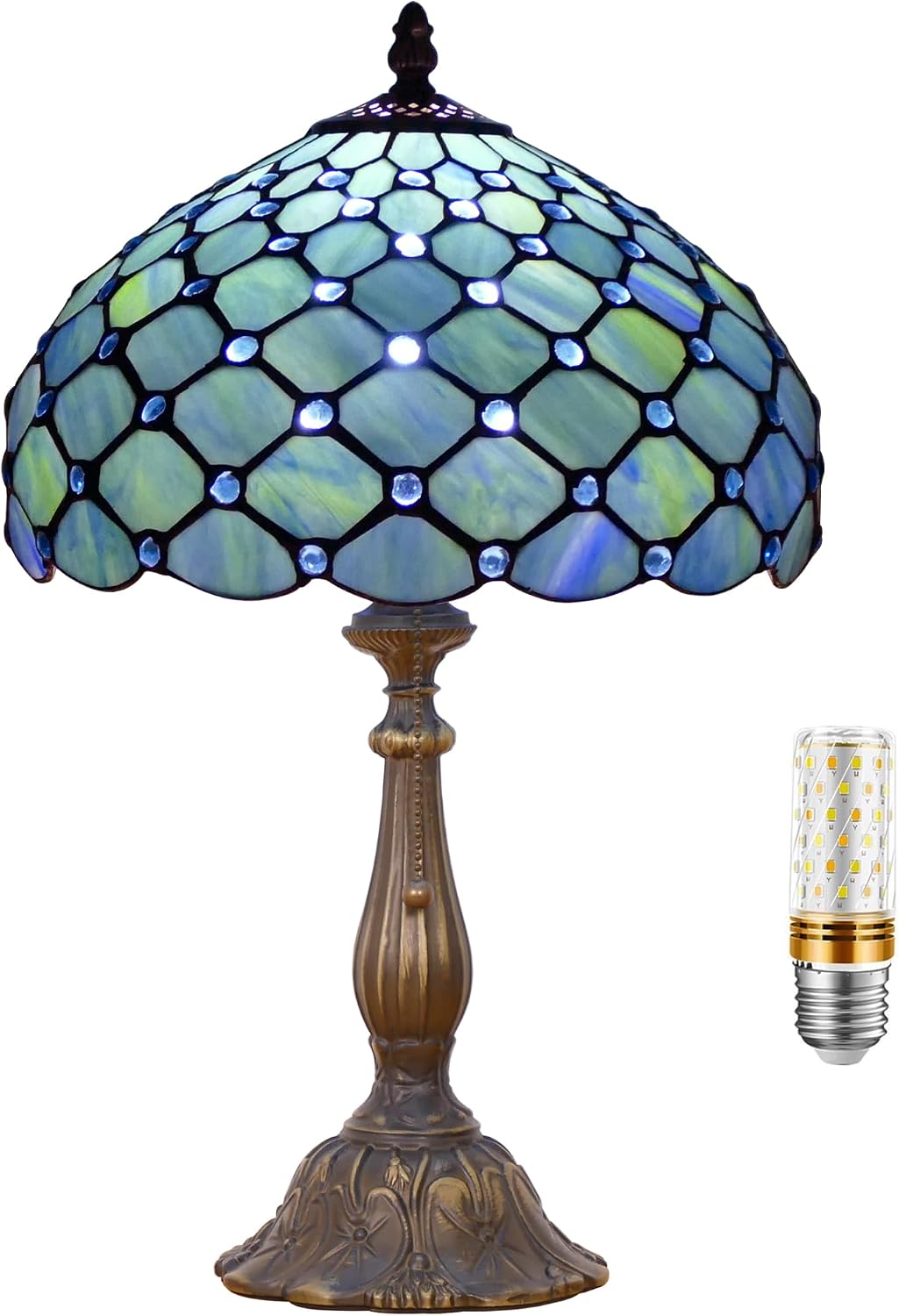 Tiffany Lamp Stained Glass Table Lamp Antique Bedside Reading Light W12H19 Inches (Sea Blue Pearl)