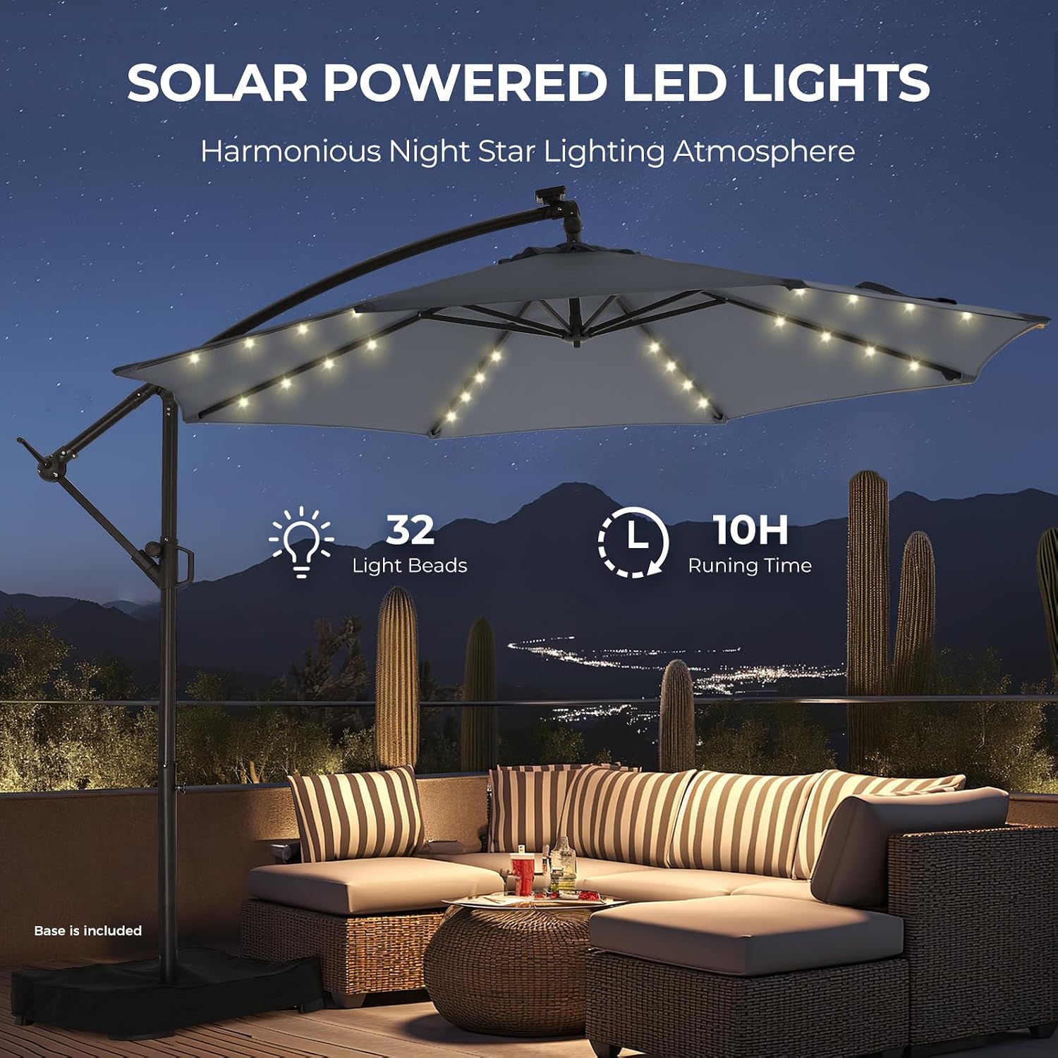 HOMSHADE 10ft Solar Lights Offset Cantilever Patio Umbrella - wtih Light and Base, LED Lighted Offset Hanging Patio Outdoor Market Umbrella UPF50+ UV Protection with Easy Tilt and Crank (Grey)