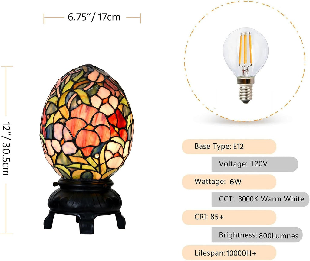 A0015 Tiffany Style Stained Glass Egg Table Lamp – Floral Pattern Decorative Night Light, 6.75' W x 12' OH for Bedroom Living Room Home Office, Vintage Accent Lamp,LED Bulb Included