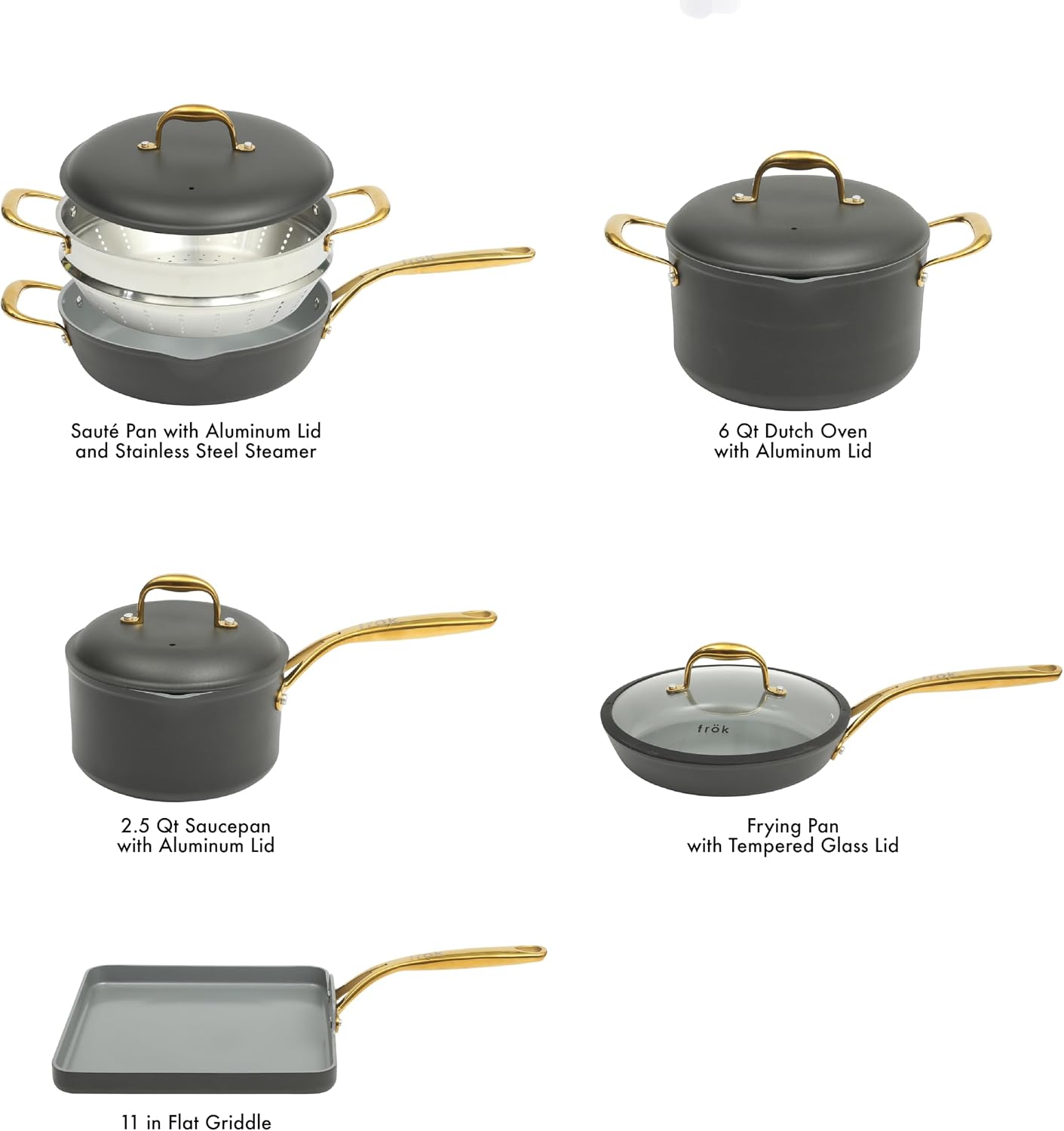 Frok 10 Piece Pots and Pans 4MM Thick Quick Heat Aluminum Cookware Set w/Premium PFA Free Ceramic Nonstick Interior Heat Resistant Exterior - Induction - Black & Gold
