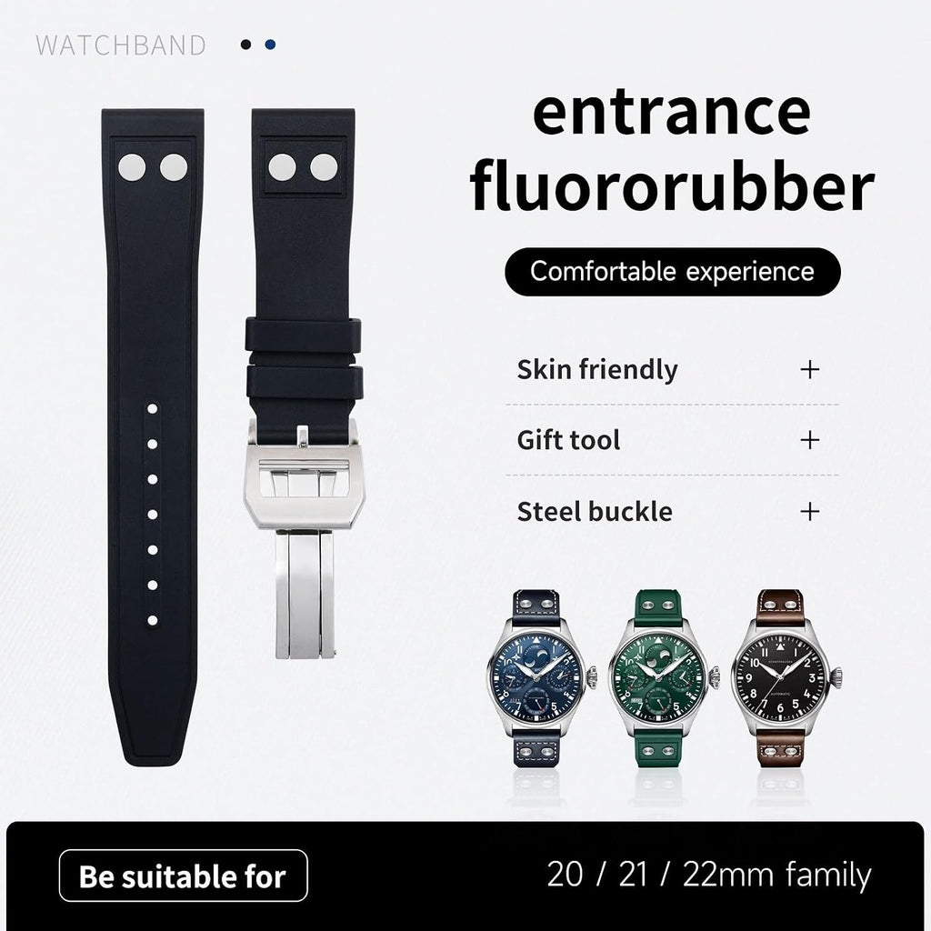 20MM 22MM Nature Fluororubber FKM Rubber With Rivet Watchband For IWC Strap Big Pilot Mark Portugieser TOP GUN Soft Wristband